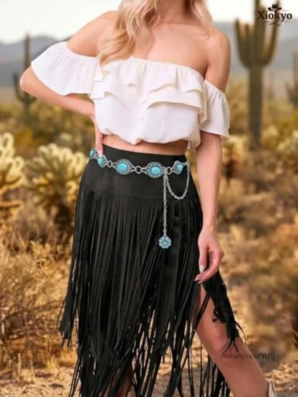 Turquoise Concho Belt Silver Western Chain Cowgirl Style Women